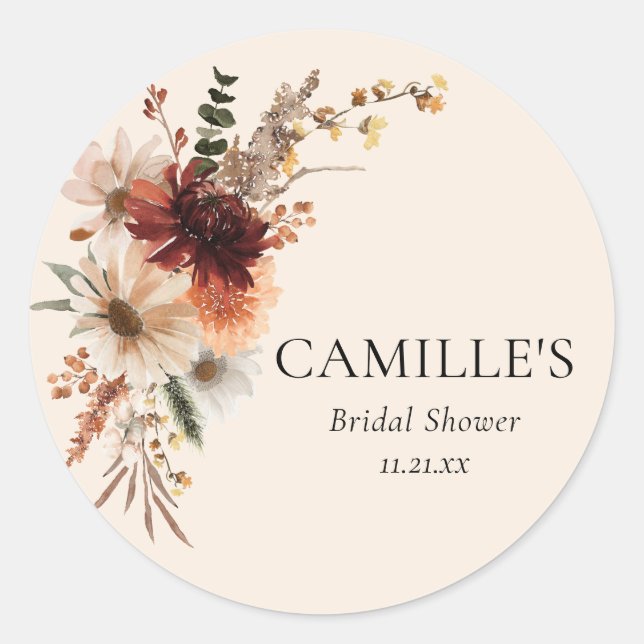 Elegant Fall Floral Bridal Shower Classic Round Sticker (Front)