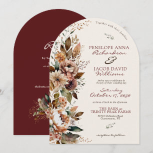 Elegant Fall Floral Burgundy Ivory Arch Wedding Invitation