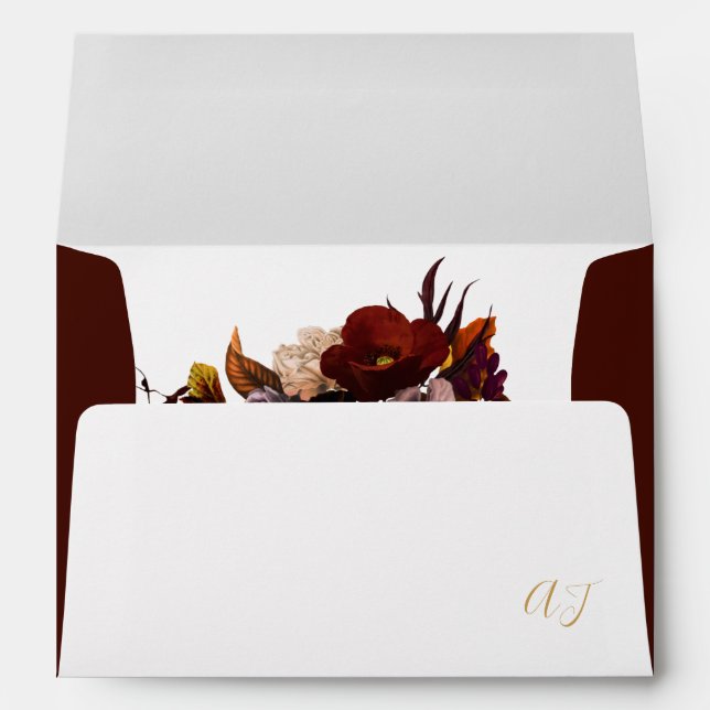 Elegant fall floral burgundy rustic wedding envelo envelope (Back (Bottom))
