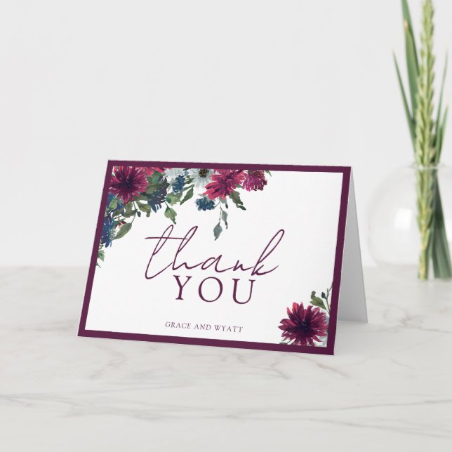 Elegant Fall Floral Burgundy Script Autumn Wedding Thank You Card (Front)