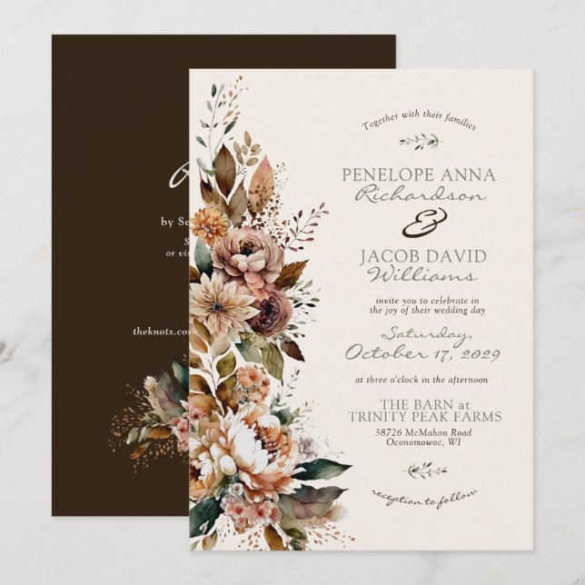 Elegant Fall Floral Dark Brown Boho Autumn Wedding Invitation (Front/Back)