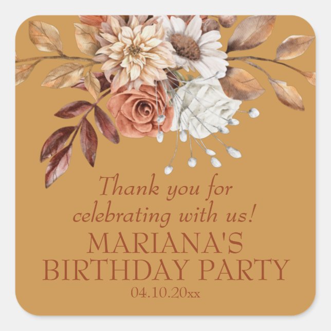 Elegant Fall Floral Gold Party Favour Square Sticker (Front)