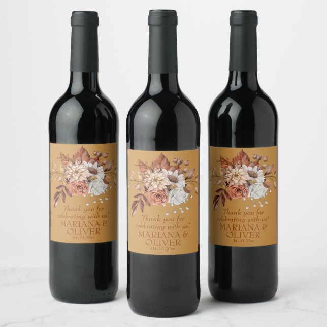 Elegant Fall Floral Gold Wedding Wine Label (Bottles)