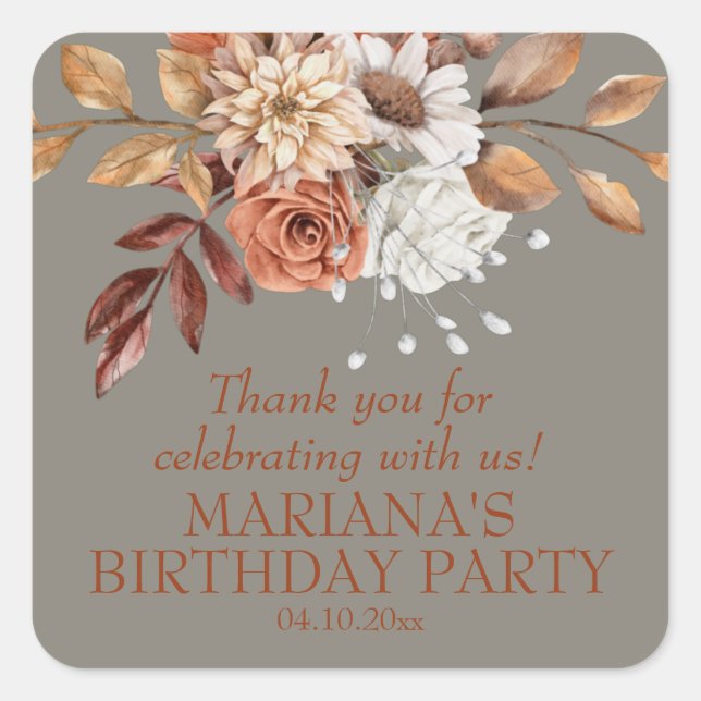Elegant Fall Floral Grey Party Favour Square Sticker (Front)