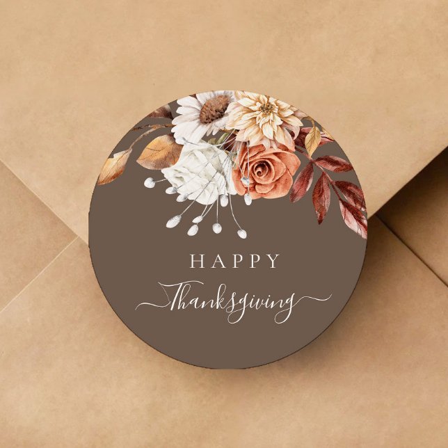Elegant Fall Floral Happy Thanksgiving   Classic Round Sticker (Elegant Fall Floral Happy Thanksgiving Classic Round Sticker)