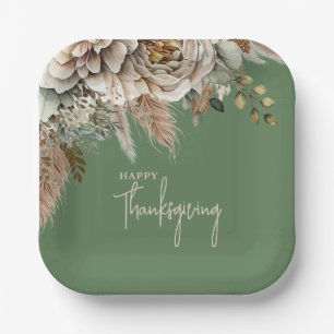 Elegant Fall Floral Happy Thanksgiving Paper Plate