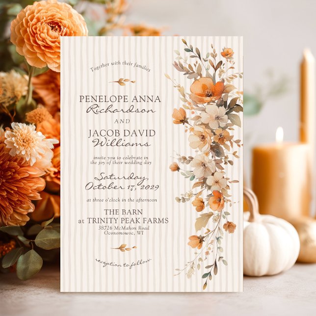 Elegant Fall Floral Ivory Striped Autumn Wedding Invitation (Elegant Fall floral rustic boho modern watercolor flowers boho chic Autumn ivory wedding invitation)