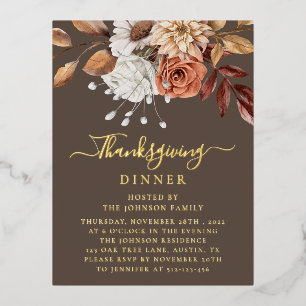 Elegant Fall Floral Leaves Thanksgiving Gold  Foil Invitation Postcard