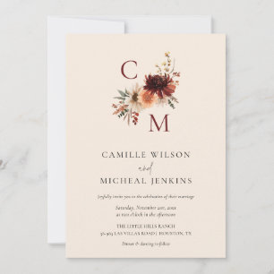 Elegant Fall Floral Monogram Wedding Invitation