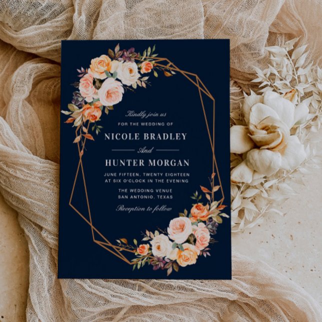elegant fall floral navy blue geometric wedding invitation (Creator Uploaded)