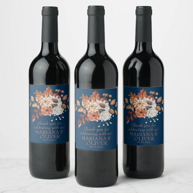 Elegant Fall Floral Navy Blue Wedding Favours Wine Label (Bottles)