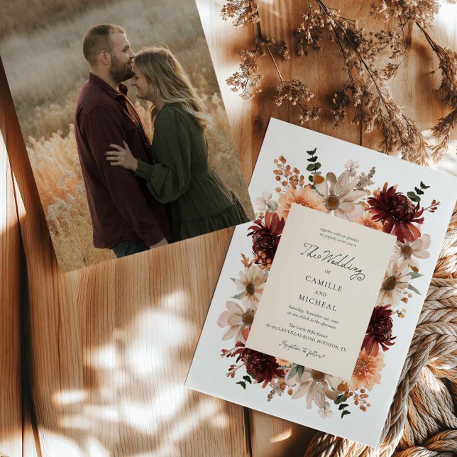 Elegant Fall Floral Photo Wedding Invitation (Fall Floral Wedding Photo Invite)