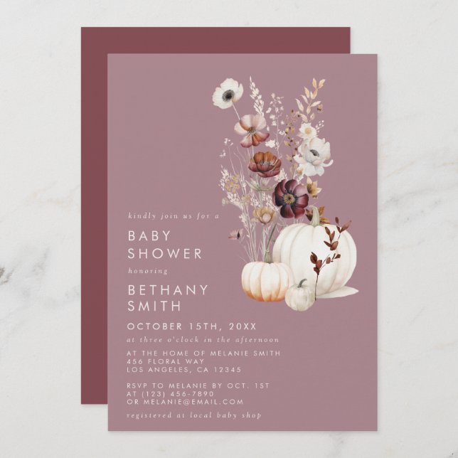 Elegant Fall Floral Pumpkin Baby Shower Invitation (Front/Back)