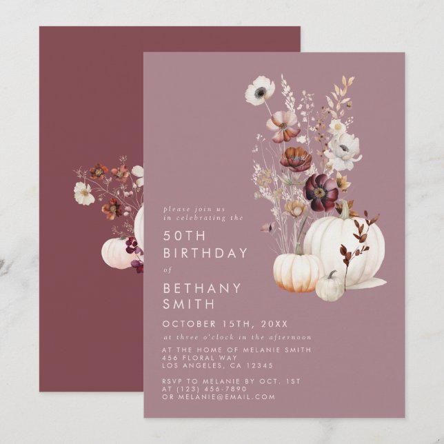 Elegant Fall Floral Pumpkin Birthday Party Invitation (Front/Back)