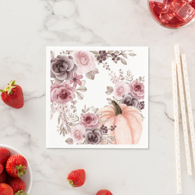 Elegant Fall Floral Pumpkin Neutrals Watercolor  Napkin (Insitu)