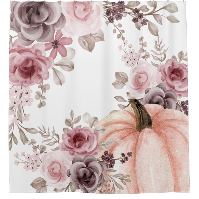 Elegant Fall Floral Pumpkin Neutrals Watercolor  Shower Curtain (Front)