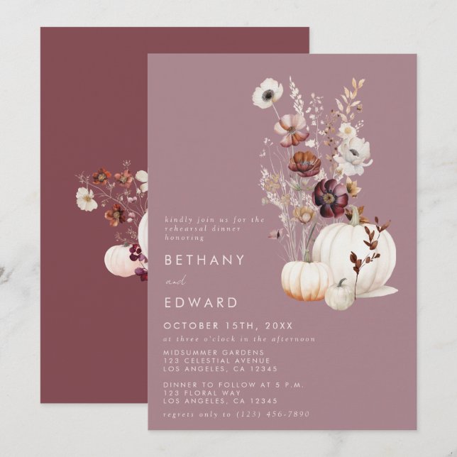 Elegant Fall Floral Pumpkin Rehearsal Dinner Invitation (Front/Back)