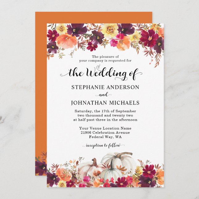 Elegant Fall Floral Pumpkin Wedding Invitation (Front/Back)