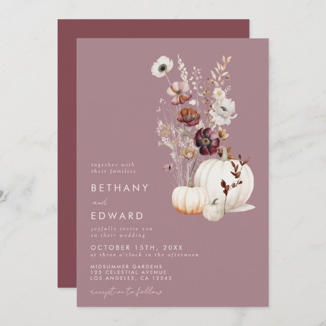 Elegant Fall Floral Pumpkin Wedding Invitation (Front/Back)