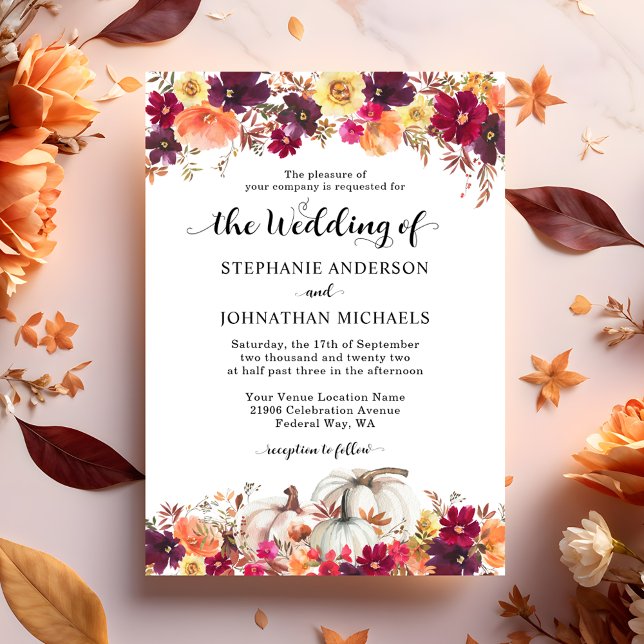 Elegant Fall Floral Pumpkin Wedding Invitation (Elegant Watercolor Fall Floral Pumpkin Wedding Invitation)