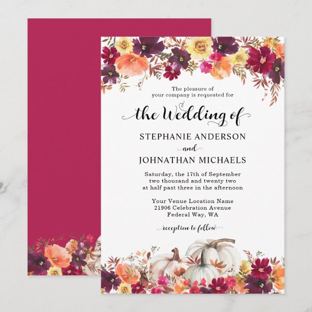 Elegant Fall Floral Pumpkin Wedding Invitation (Front/Back)
