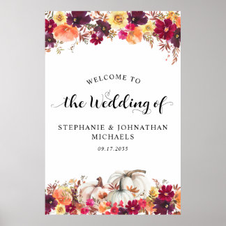 Elegant Fall Floral Pumpkin Wedding Welcome Poster