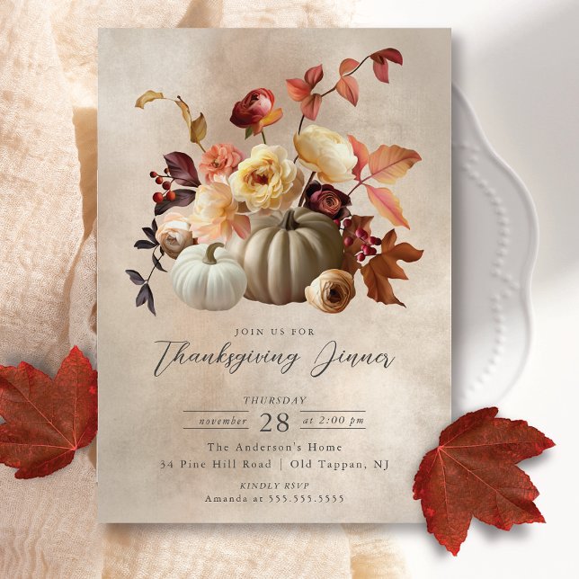 Elegant Fall Floral & Pumpkins Thanksgiving Invitation (Creator Uploaded)