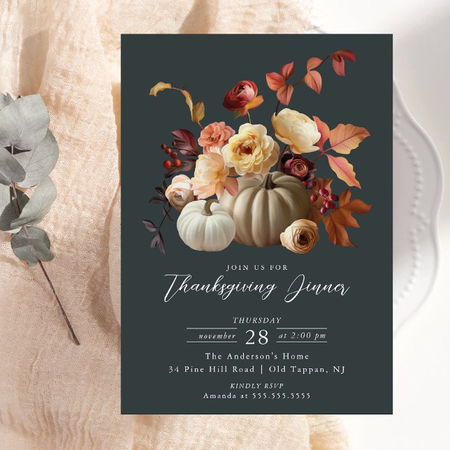 Elegant Fall Floral & Pumpkins Thanksgiving Invitation (Creator Uploaded)
