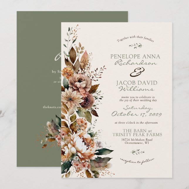 Elegant Fall Floral Sage Green Boho Autumn Wedding Invitation (Front/Back)
