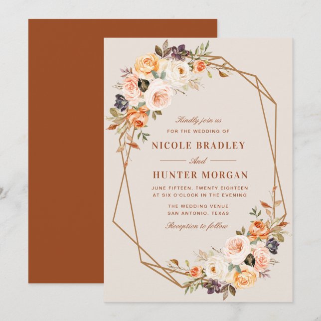 elegant fall floral terracotta geometric wedding invitation (Front/Back)