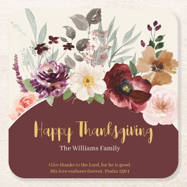 Elegant Fall Floral Thanksgiving Square Paper Coaster (Front)