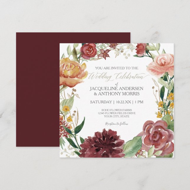 Elegant Fall Floral Wedding Burgundy Blush Roses Invitation (Front/Back)