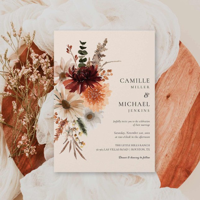 Elegant Fall Floral Wedding Invitation (Burgundy Wildflower Wedding Invitation)