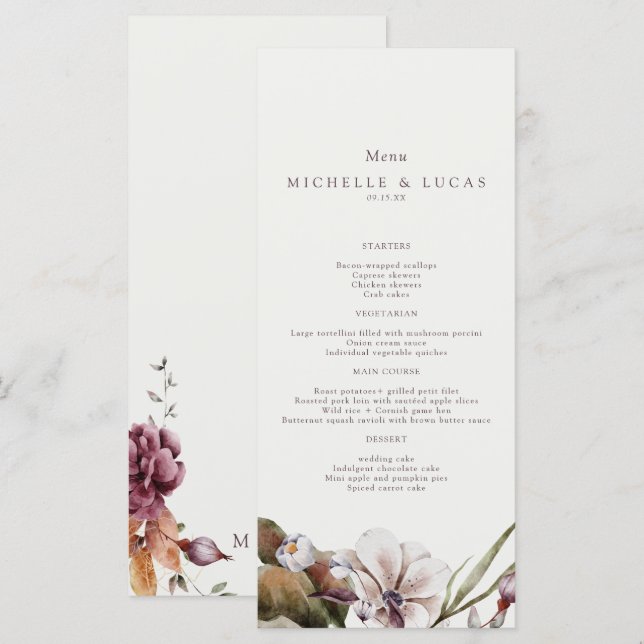 Elegant Fall Floral Wedding  Menu (Front/Back)