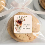 Elegant Fall Floral Wedding Square Sticker<br><div class="desc">This beautiful fall floral sticker adds a touch of autumn elegance to your wedding. Featuring rich burgundy tones with delicate flowers, this square sticker is perfect for sealing invitations, favour bags, or adding a personal touch to your decor. Ideal for a bohemian wedding, it’s a versatile and stylish addition to...</div>