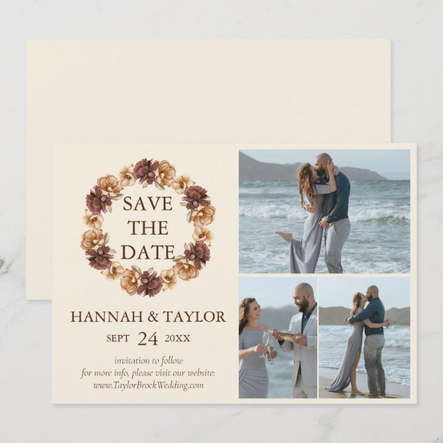 Elegant Fall Floral Wreath 3 Photo Collage Save The Date (Front/Back)