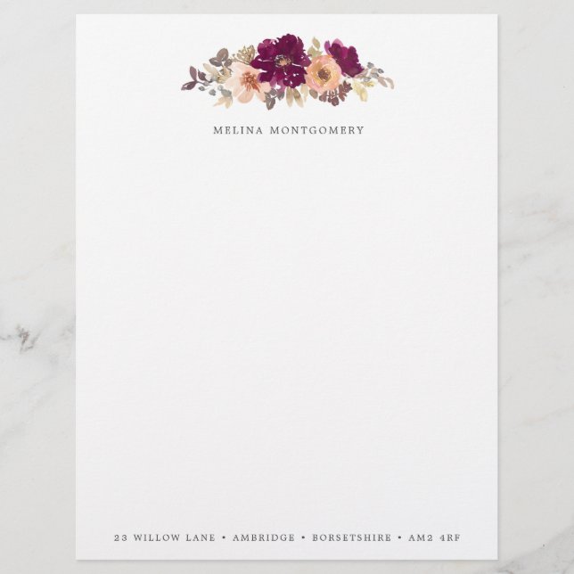 Elegant Fall Flowers Burgundy Personalised Custom Letterhead (Front)