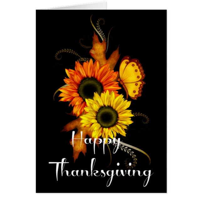 Elegant Fall Flowers Butterfly Thanksgiving Card 2 (Front)