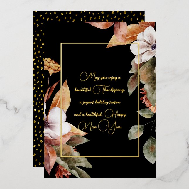 Elegant Fall Flowers & Leaves Gold Script Black Foil Holiday Card (Front/Back)
