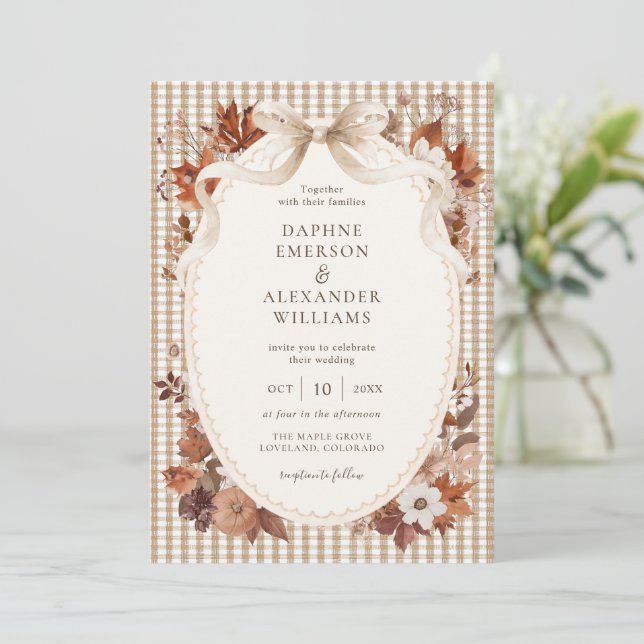 Elegant Fall Gingham Autumn Wedding Invitation (Standing Front)