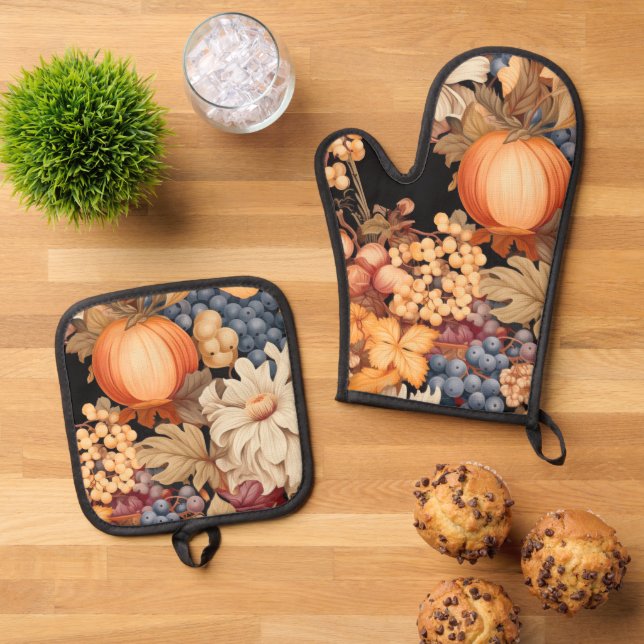 Elegant fall harvest pattern stylish chic oven mitt & pot holder set (Top Down)