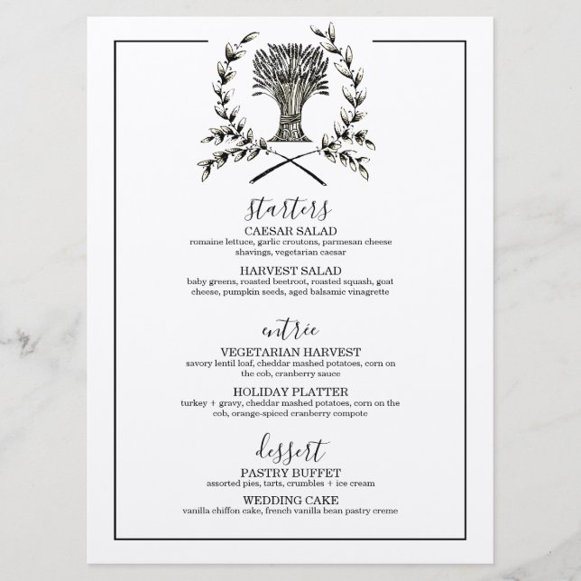 elegant fall HARVEST WEDDING autumn vintage Menu (Front)