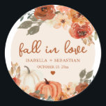 Elegant Fall in Love Boho Pumpkin Wedding Classic Round Sticker<br><div class="desc">Elegant Fall in Love Boho Pumpkin Wedding Classic Round Sticker Seal your wedding stationery or favours with the perfect touch of fall elegance! 🍁✨ This Elegant Fall in Love Boho Pumpkin Wedding Classic Round Sticker features soft watercolor pumpkins, rustic autumn foliage, botanical greenery, and romantic calligraphy for a cosy yet...</div>