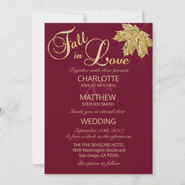 Elegant FALL in Love Burgundy Marsala Wedding Invitation (Front)