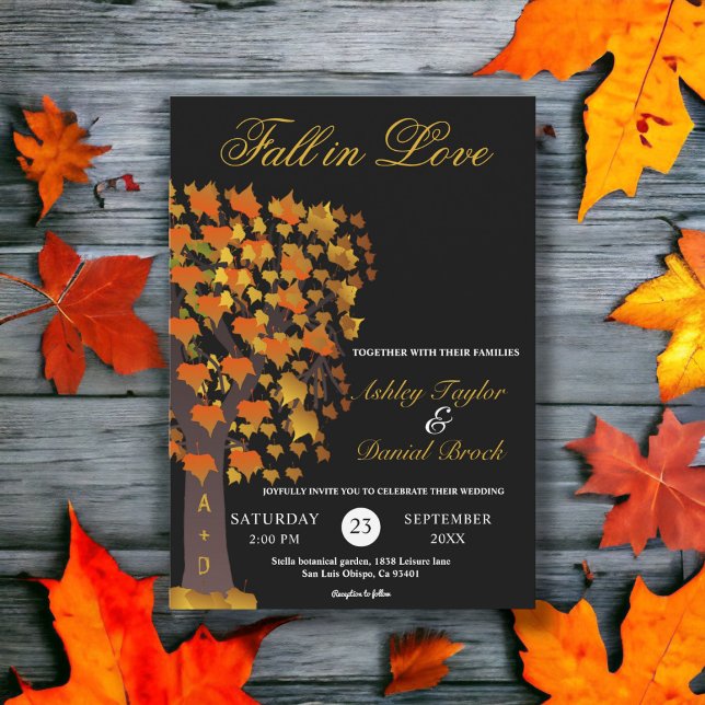 Elegant Fall in Love Carved Tree Black Wedding Invitation (Creator Uploaded)