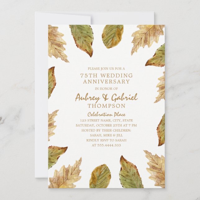 Elegant Fall Leaves 75th Wedding Anniversary Invitation (Front)