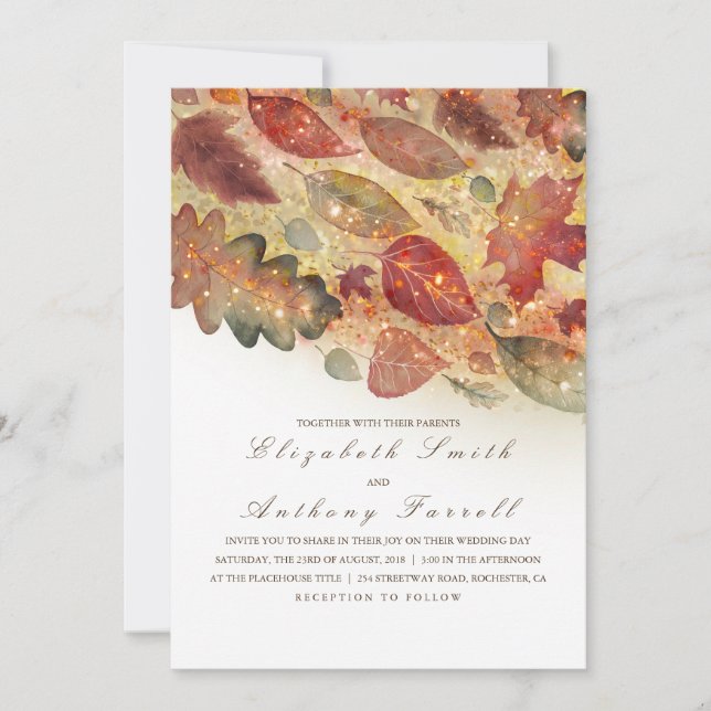 Elegant Fall Leaves and Glitter Wedding Invitation (Front)
