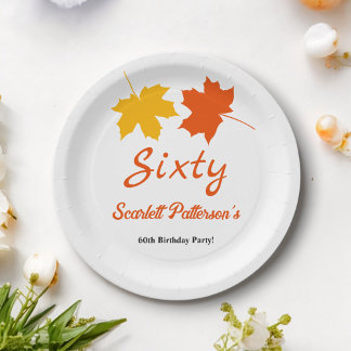 Elegant Fall Leaves Autumn Floral 60th Birthday Paper Plate