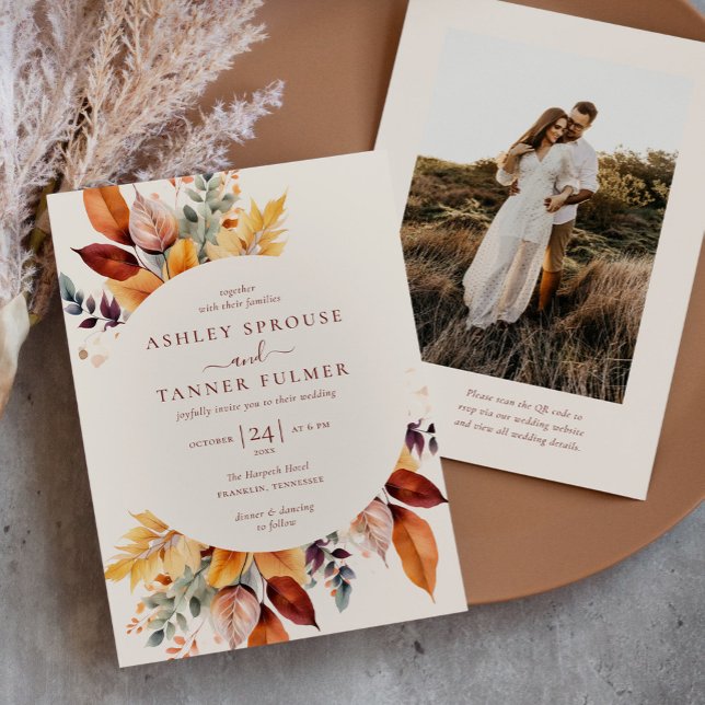 Elegant Fall Leaves Autumn QR Code Photo Wedding Invitation (Creator Uploaded)