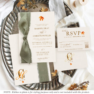 Elegant Fall Leaves Autumn Rustic Ribbon Wedding Invitation